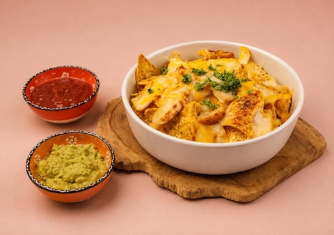 White bowl of nachos with cheese and jalapeños on wooden board, alongside red salsa and green guacamole in small bowls