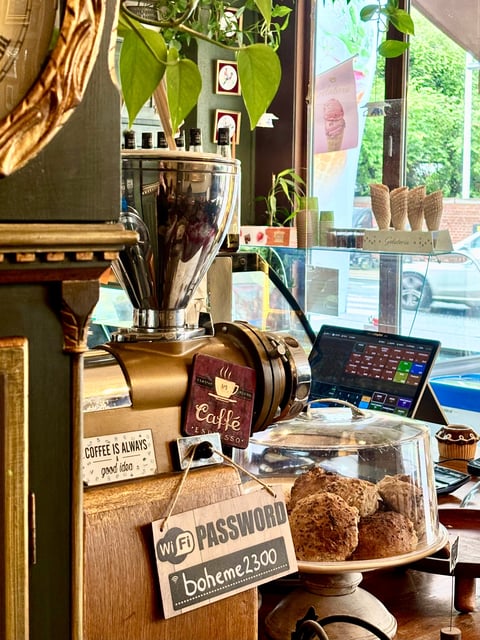 Coffee shop counter with espresso machine, pastries, plants, WiFi sign, laptop, and window view of street