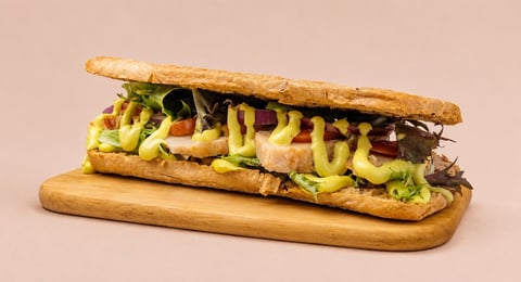 Gourmet sandwich on wooden board with crusty bread, lettuce, shredded cheese, and multiple fillings on beige background