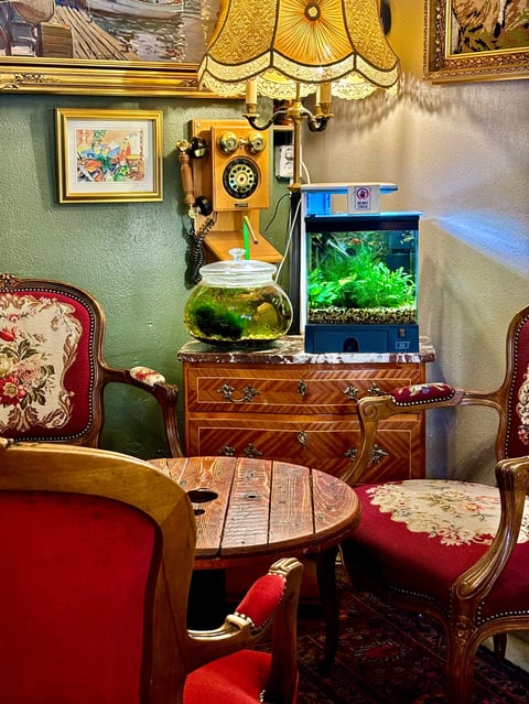 Eclectic vintage-style room with red upholstered chairs, wooden furniture, fish tank, and antique yellow decor on green walls